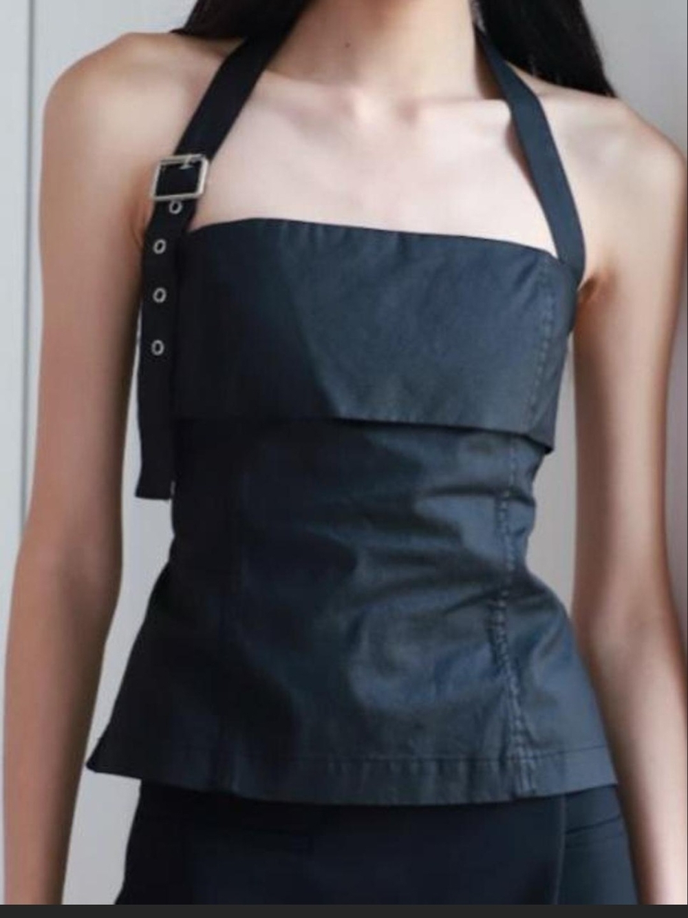 Black Halter Buckle Detail Strap Top